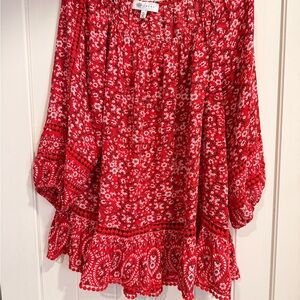 Fever Red Floral Peasant Tunic with Pom Trim